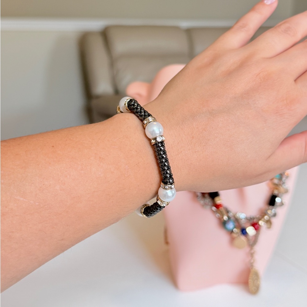 Black Beaded Pearl Accent Bracelet - Women Jewelry
